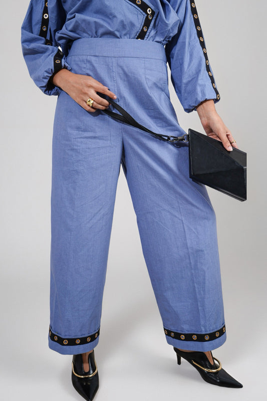 Orbit Ring Trousers : Person wearing a blue trousers with black accents - near Earth object | Women's Pants | Bottoms | Pret Clothes | nEo Clothes.
