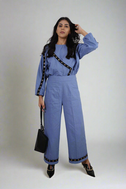 Orbit Ring Trousers : Woman in a blue outfit with a black bag - near Earth object | Women's Pants | Bottoms | Pret Clothes | nEo Clothes.