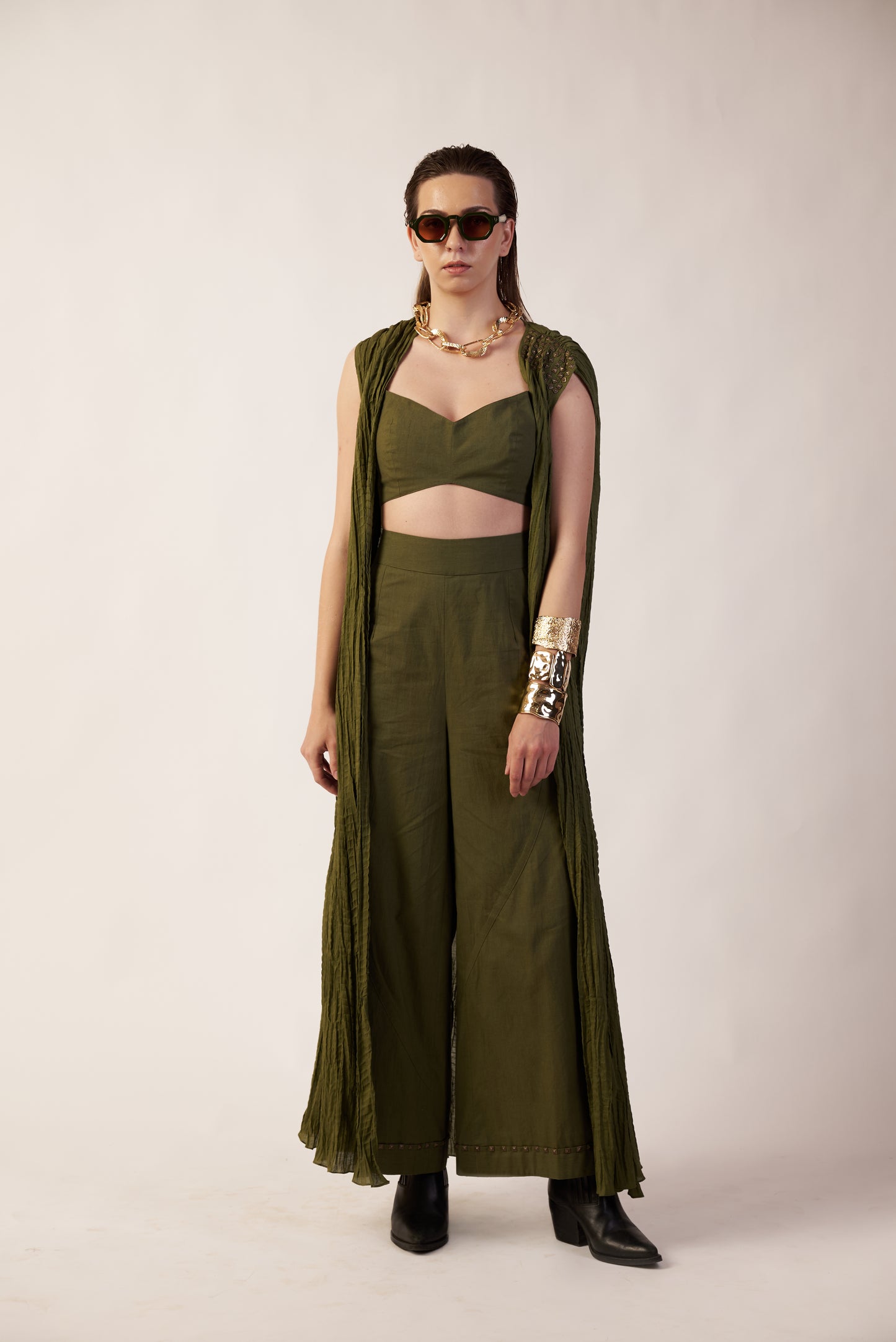 Orbit Trail Pant : Woman wearing a military green outfit with a draped camisole and long pant - near Earth object | Women's Pants | Bottoms & Camisole | Pret Clothes | nEo Clothes.