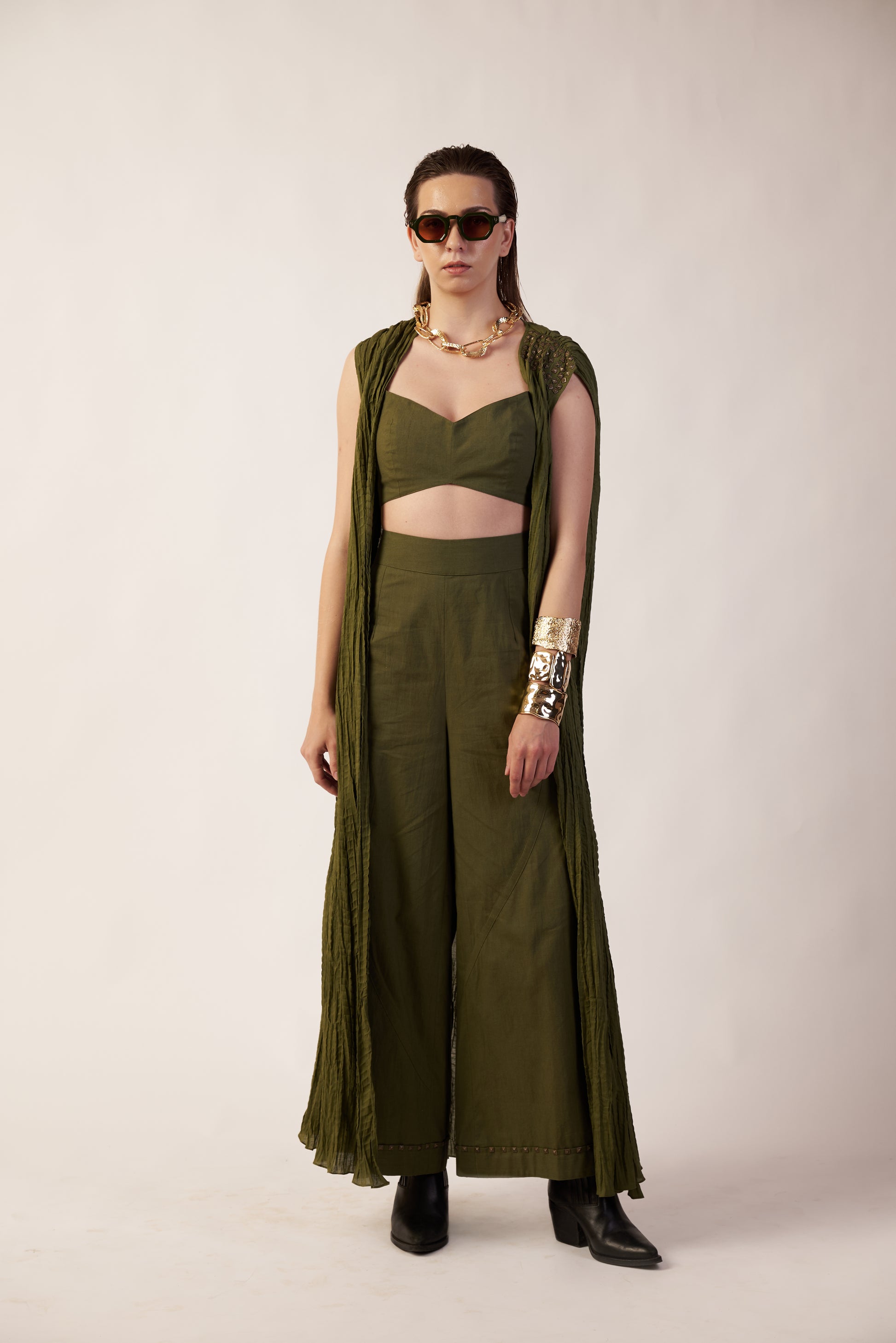Orbit Trail Pant : Woman wearing a military green outfit with a draped camisole and long pant - near Earth object | Women's Pants | Bottoms & Camisole | Pret Clothes | nEo Clothes.