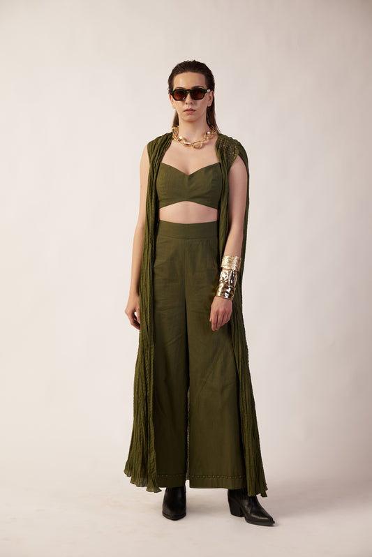 Orbit Trail Pant : Woman wearing a military green outfit with a draped camisole and long pant - near Earth object | Women's Pants | Bottoms & Camisole | Pret Clothes | nEo Clothes.