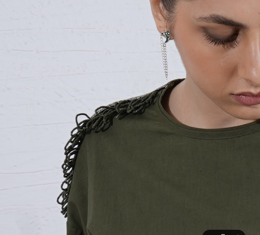 Orbit Trail Set : Person wearing a green shirt with chain details - near Earth object | Women Co-ord Set | Pret Clothes | nEo Clothes.