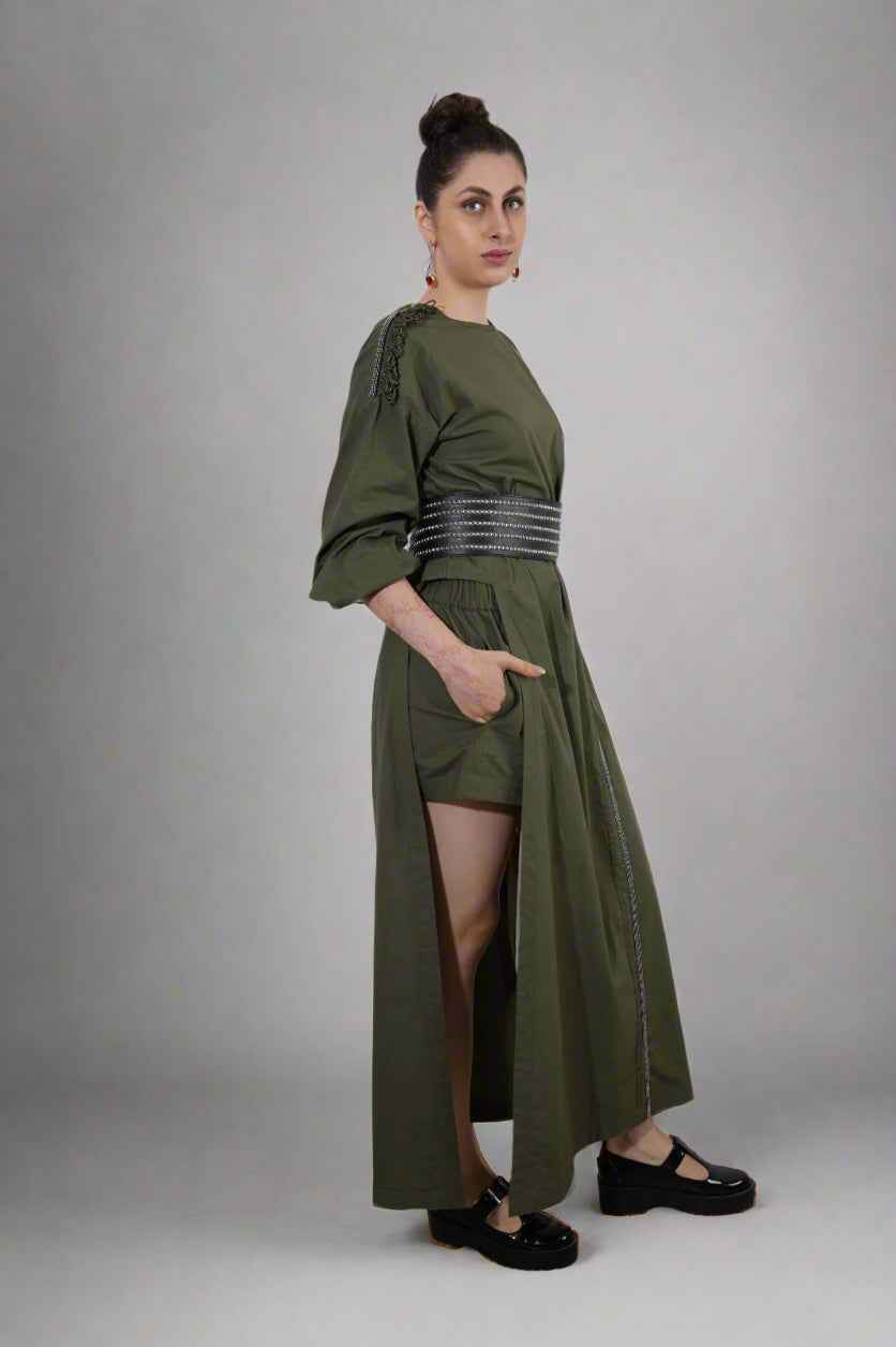 Military Green Orbit Trail Co-Ord Set with Solar Seeds Earrings - Pret Clothes & Statement Jewellery by nEo Near Earth Object
