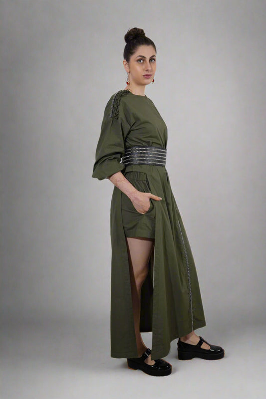 Orbit Trail Set : Woman wearing a green dress  | Women Co-ord Set - near Earth object | Pret Clothes | nEo Clothes.