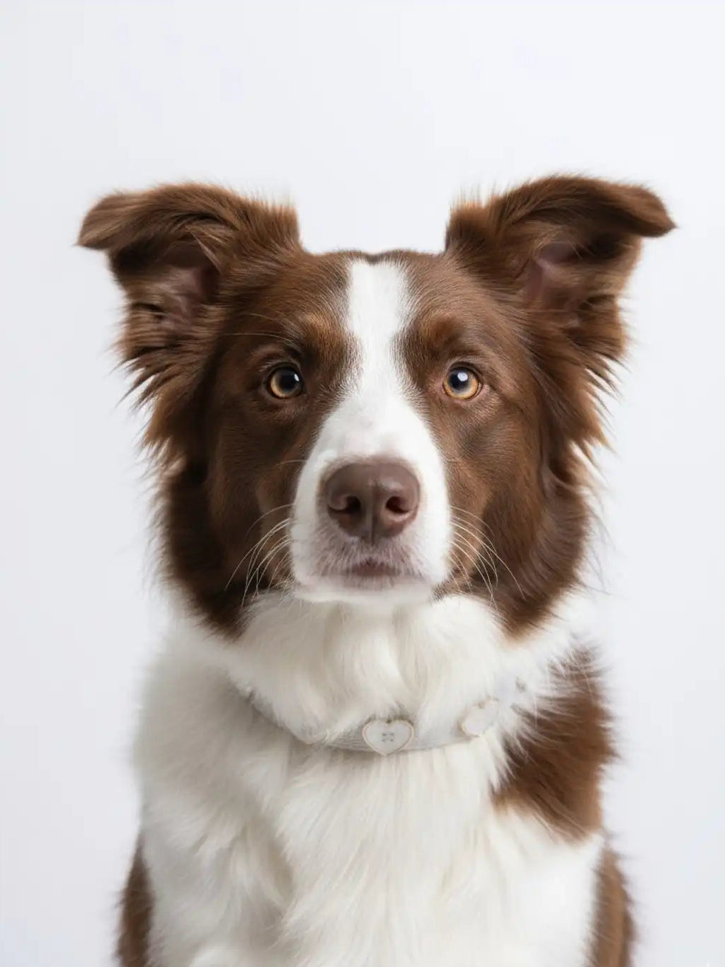 Brown and white dog with hert shape rosegold cotton collar