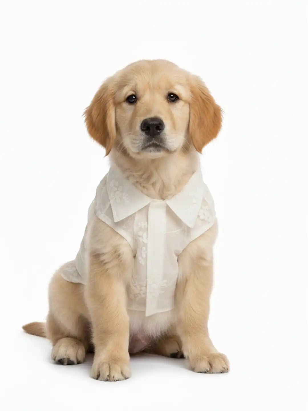 Puppy wearing a white shirt 