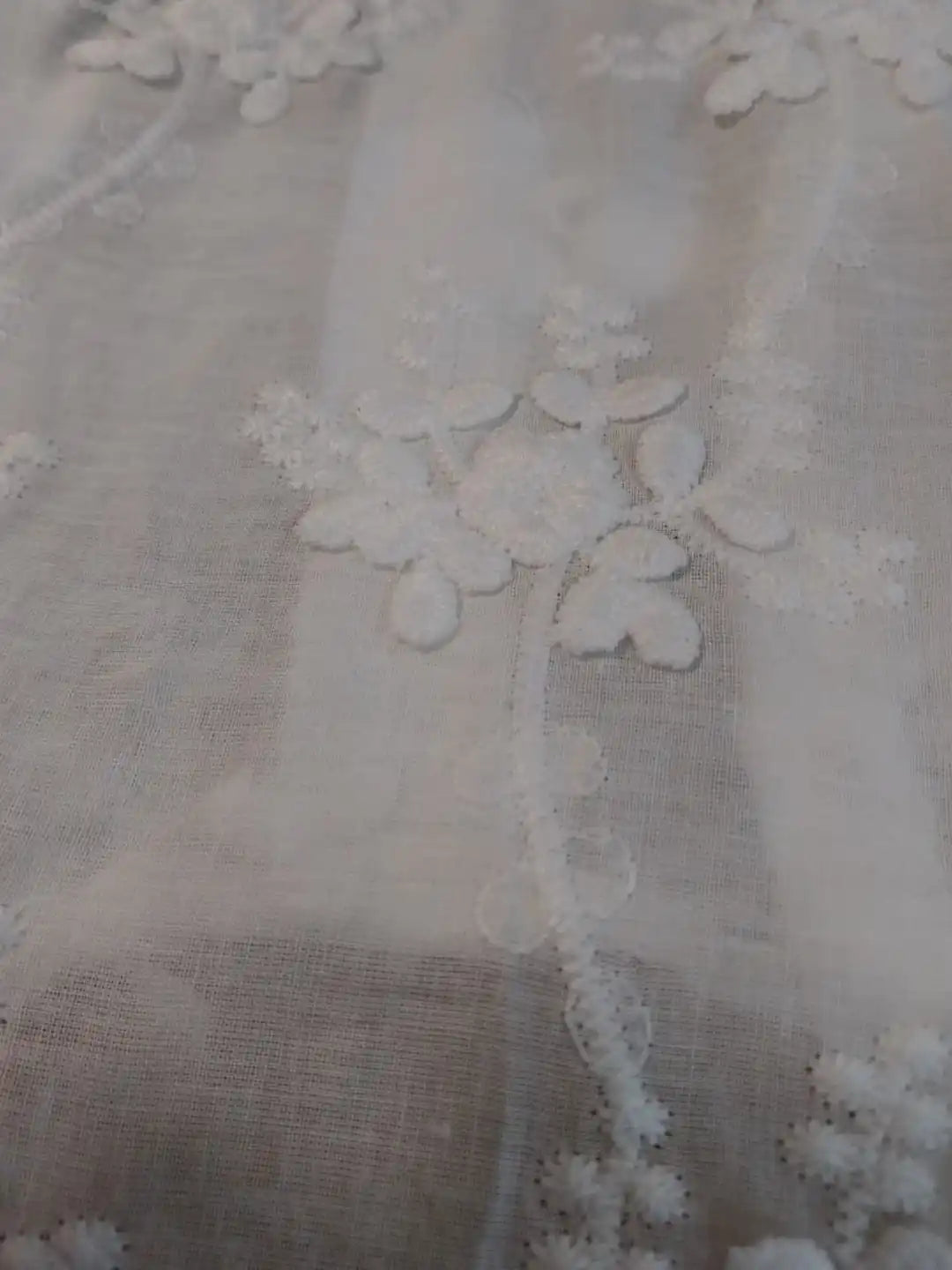 Close-up of a fabric with floral lace embroidery 