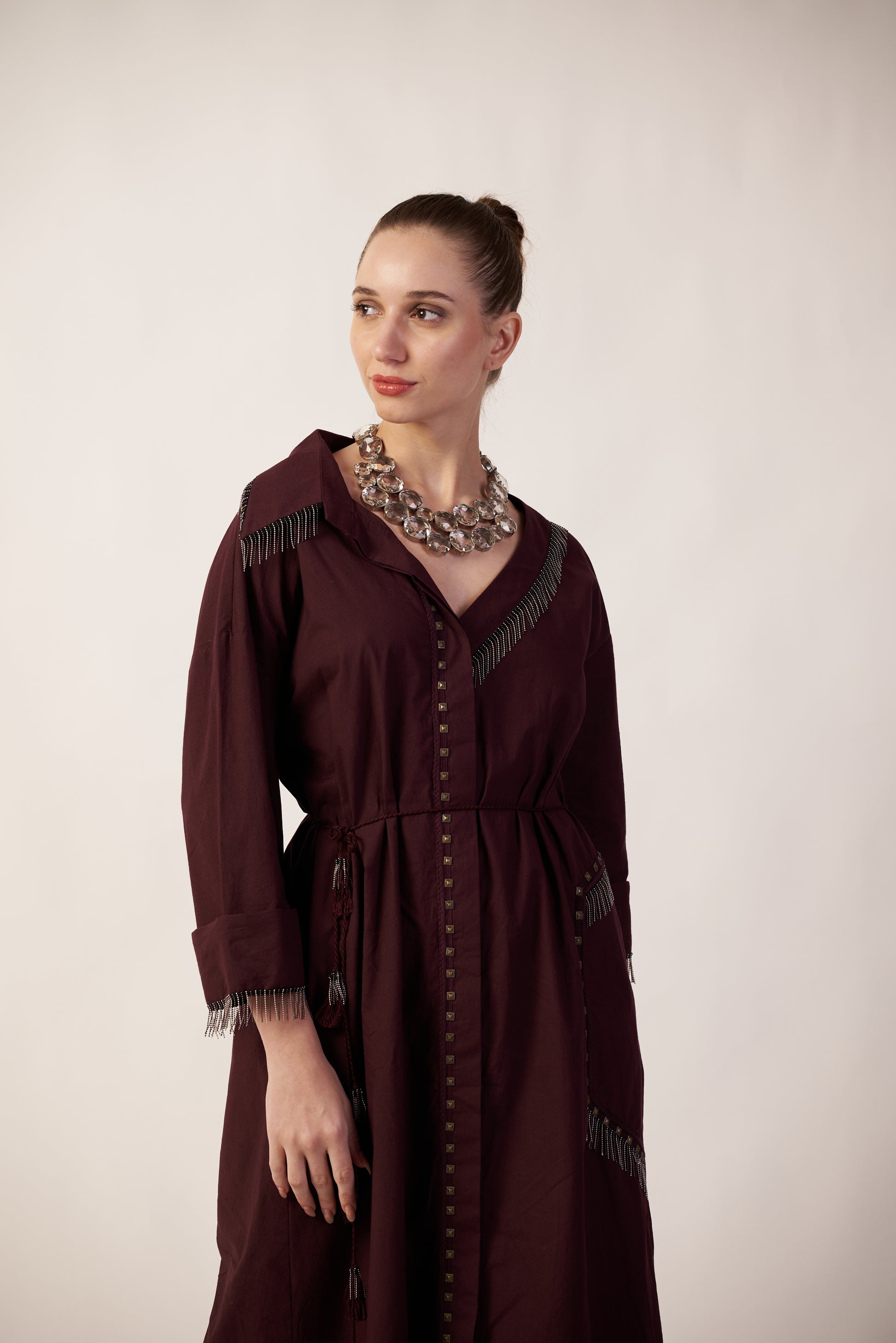Phoenix Supernova Dress : Woman wearing a dark Coca Cola dress with decorative elements - near Earth object | Women Dresses | Pret Clothes | nEo Clothes.