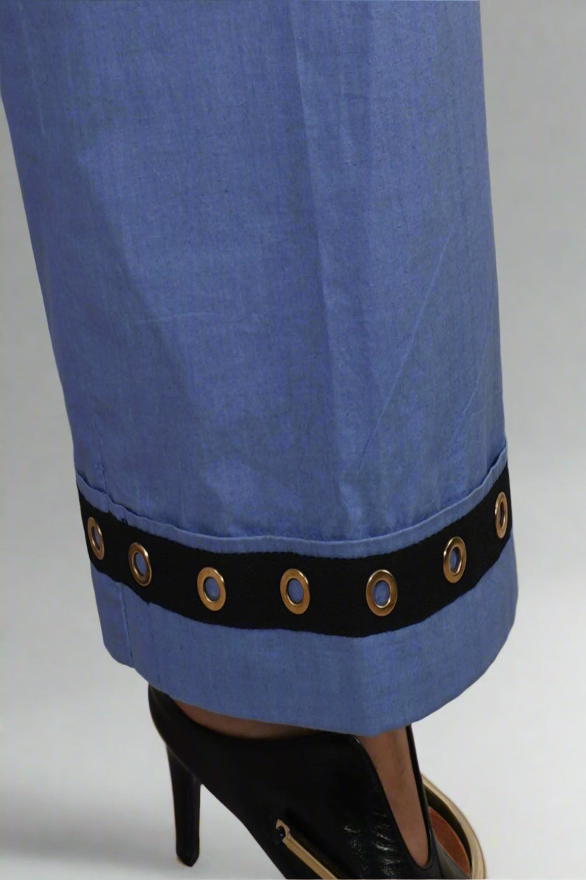 Blue pants with a black band featuring gold buttons| Women's Pants | Bottoms | Pret Clothes | nEo Clothes.