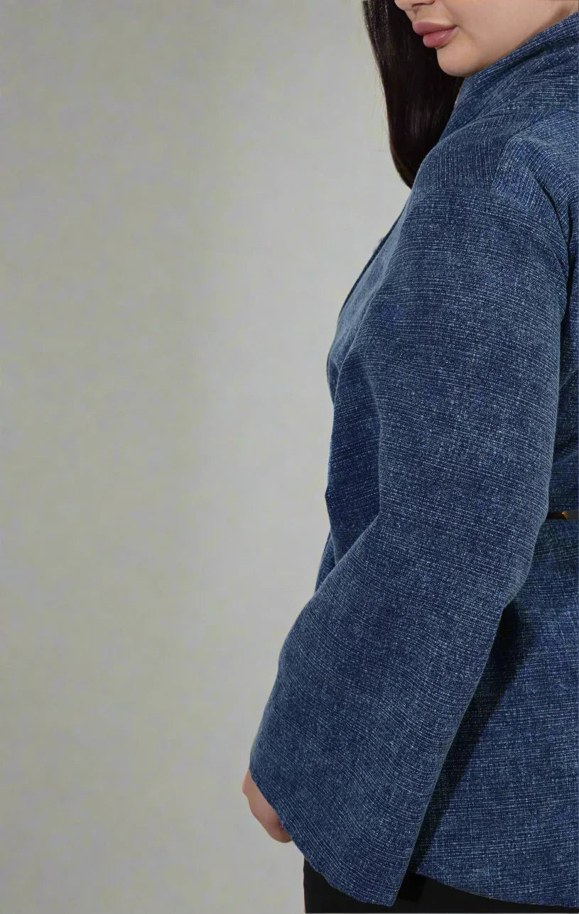 Person wearing a blue jacket | Women's Jacket | Camisole & Overlay | Pret Clothes | nEo Clothes.