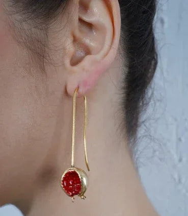 Trendy long drop Gold earring with a red gemstone  | Statement Earrings | neo jewelry 
