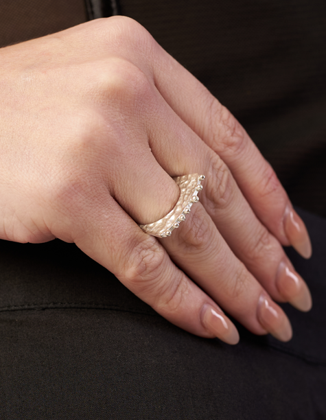Hand wearing a silver ring | Statement Ring | Asymmetrical Ring  | neo jewelry 
