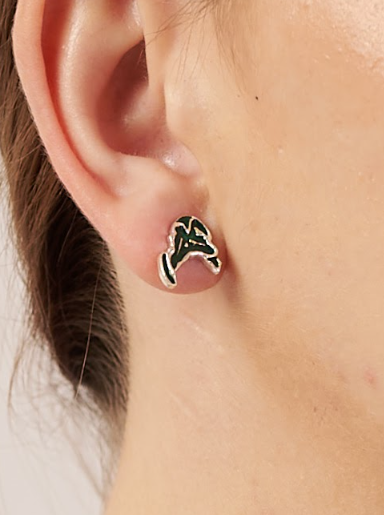 Close-up of an Ear Cuffs wearing a small green and black earring. | Statement Ear Cuffs | neo jewelry