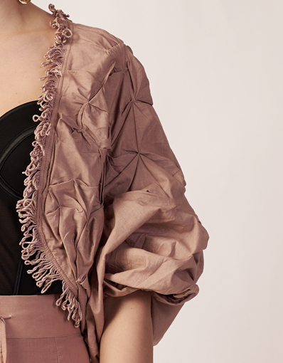 Beige textured shrug with fringe details | Women's Shrug | Jacket | Pret Clothes | nEo Clothes.