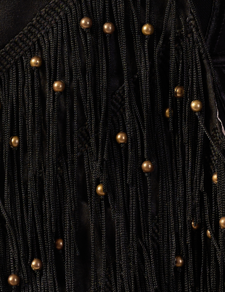 Close-up of a black textured fabric with gold beads and buttons.  | Women's Overlay & Camisole | Jacket | Pret Clothes | nEo Clothes.