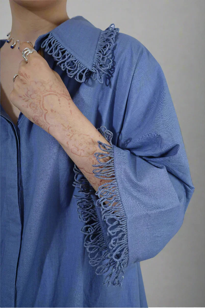 Skyline Fringe Dress : Person wearing a blue dress with frayed edges - near Earth object  | Women Dresses | Pret Clothes | nEo Clothes