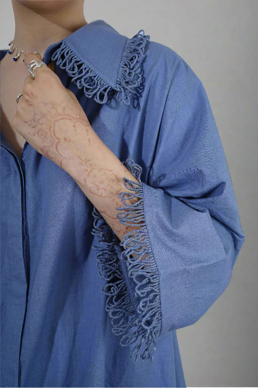 Skyline Fringe Dress : Person wearing a blue dress with frayed edges - near Earth object  | Women Dresses | Pret Clothes | nEo Clothes