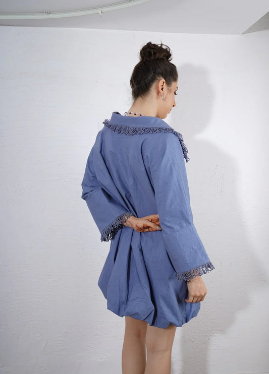 Skyline Fringe Dress : Person wearing a blue dress with lace trim - near Earth object | Women Dresses | Pret Clothes | nEo Clothes