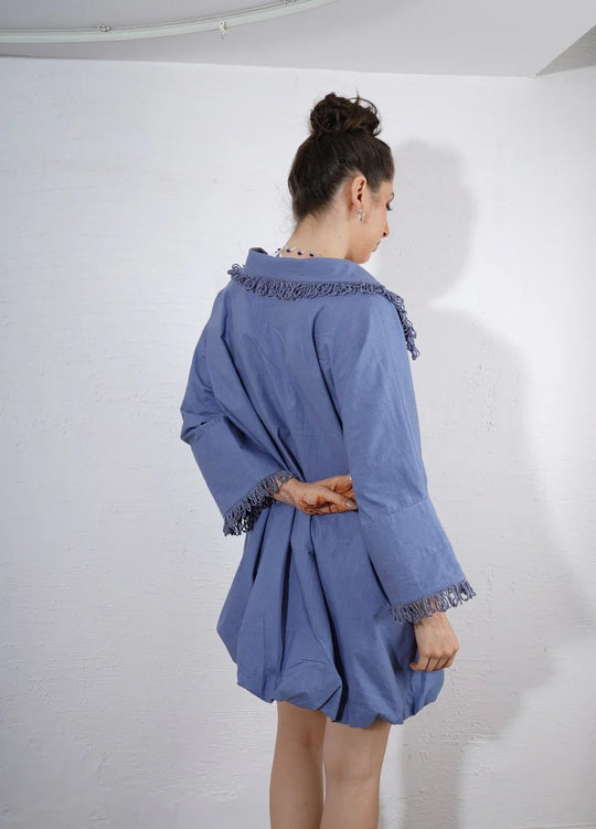 Skyline Fringe Dress : Person wearing a blue dress with lace trim - near Earth object | Women Dresses | Pret Clothes | nEo Clothes
