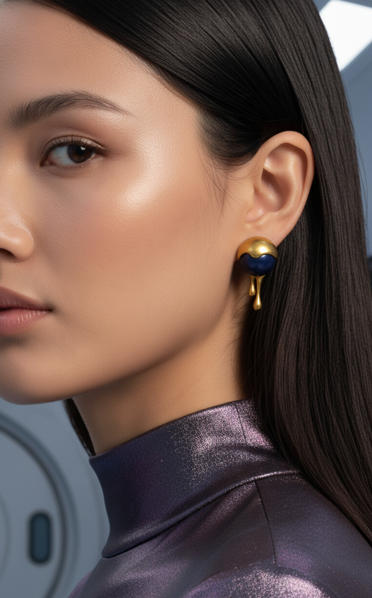 Model wearing gold and navy drip stud earrings with futuristic metallic styling – artistic statement jewellery by Near Earth Object.