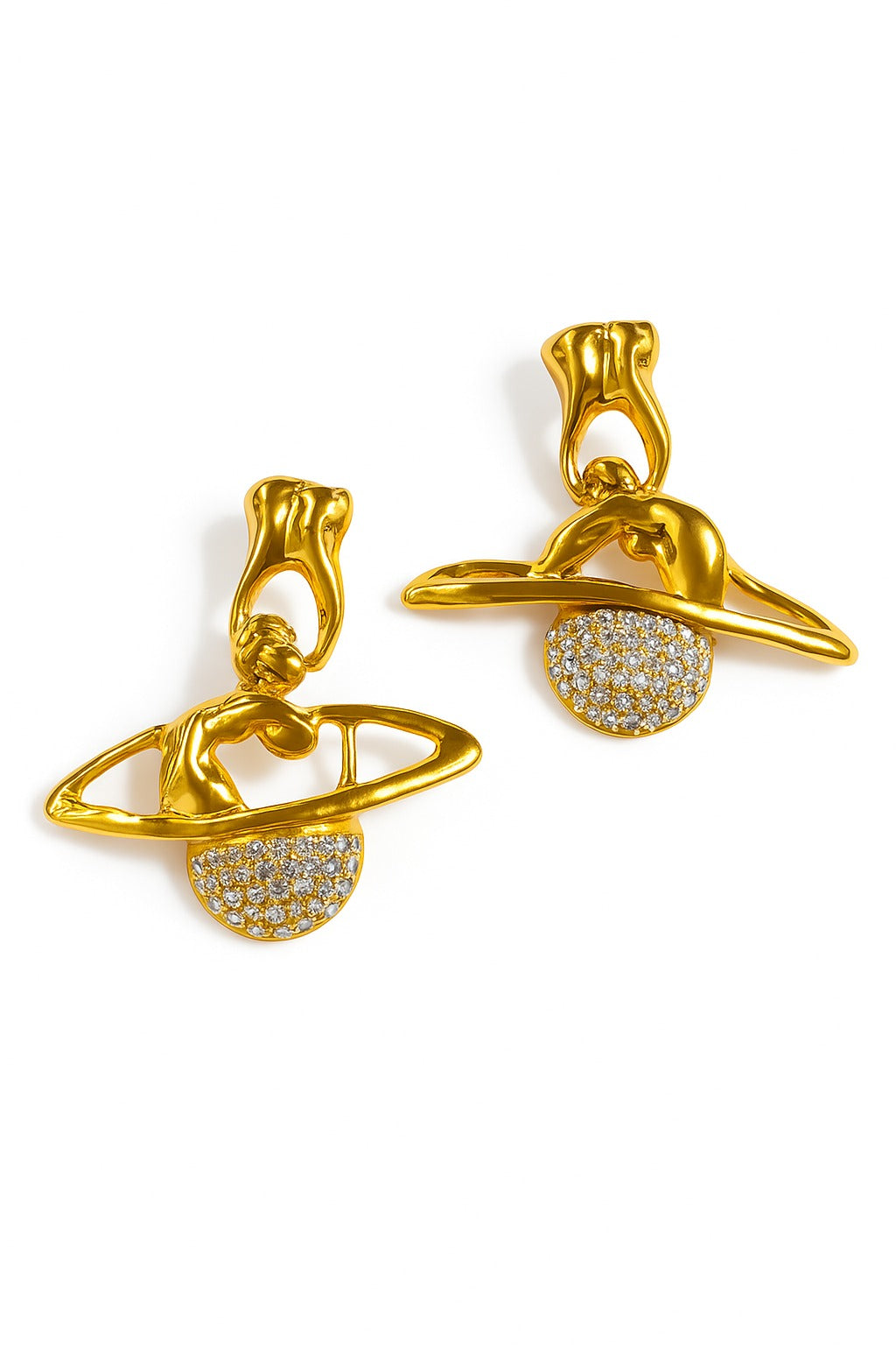 Gold Saturn planet earrings with crystal sphere detailing – cosmic theme jewellery by Near Earth Object