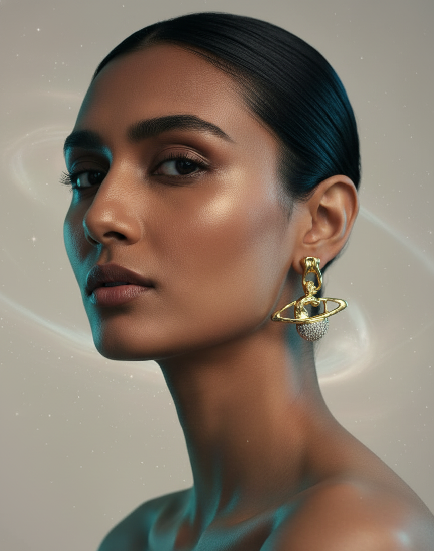 Model wearing gold Saturn planet earrings with crystal sphere detailing – modern celestial jewellery by Near Earth Object