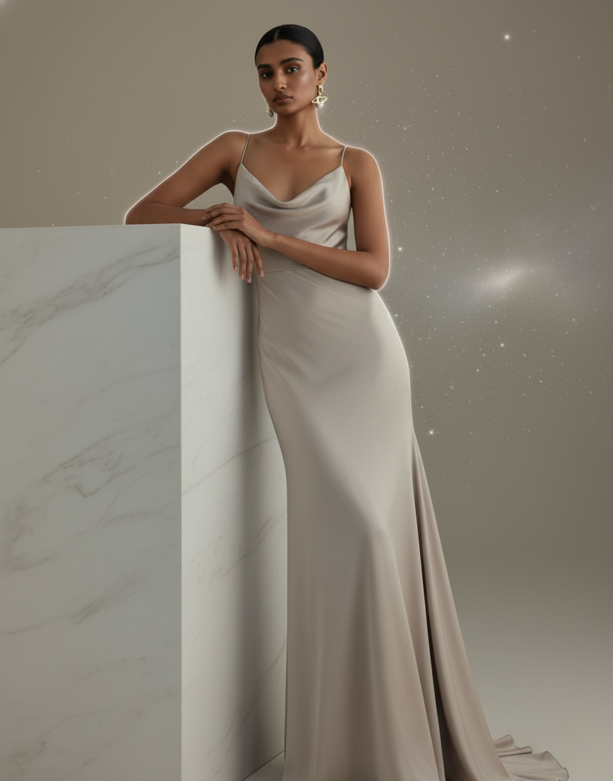 Elegant model styling gold Saturn planet earrings in a dreamy futuristic fashion look – celestial jewellery by Near Earth Object