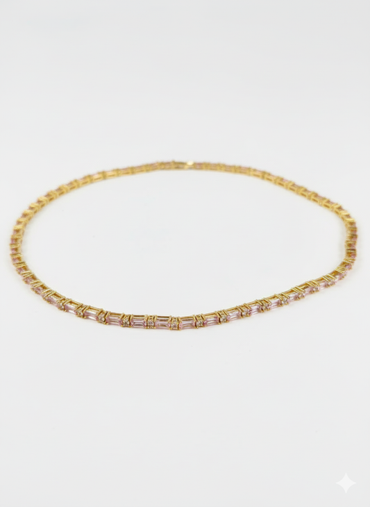 Gold link necklace decorated with evenly spaced rectangular crystals in a refined linear design – luxury modern jewellery by Near Earth Object.