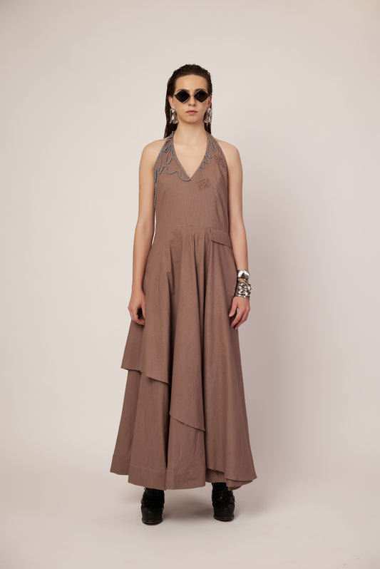 Star Drift Dress : Woman wearing a beige halter neck dress - near Earth object | Women Dresses | Pret Clothes | nEo Clothes.