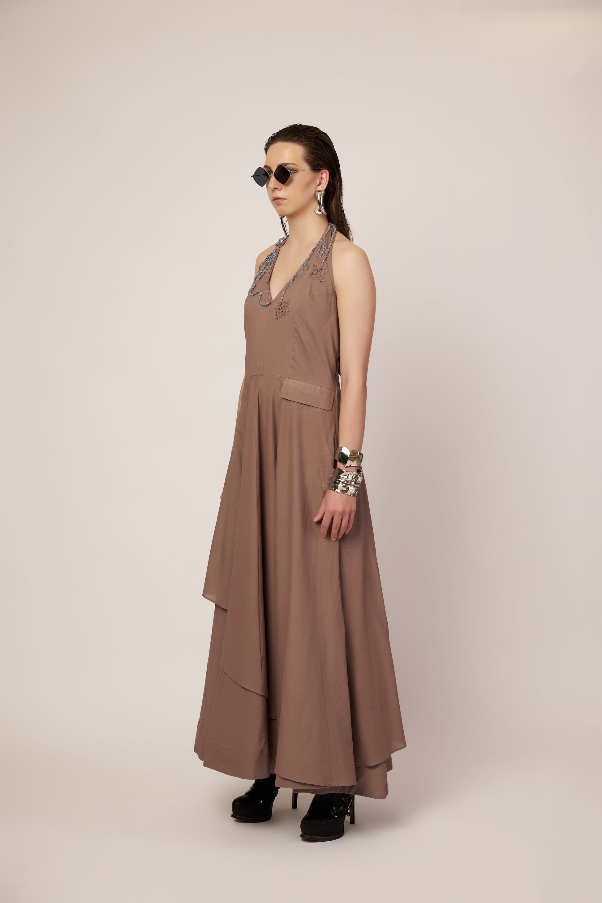 Star Drift Dress : Woman wearing a long beige dress - near Earth object | Women Dresses | Pret Clothes | nEo Clothes.