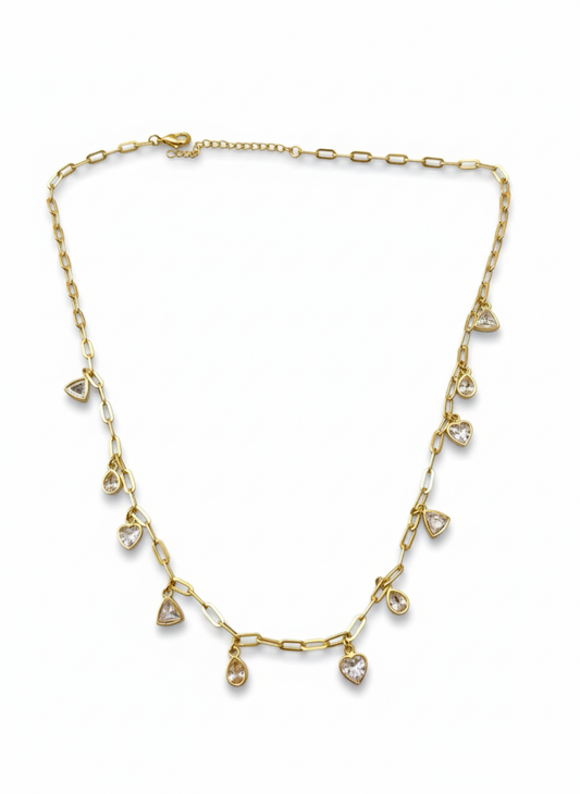 Gold chain necklace featuring multiple teardrop crystal charms in a delicate dangling design – elegant feminine jewellery by Near Earth Object.