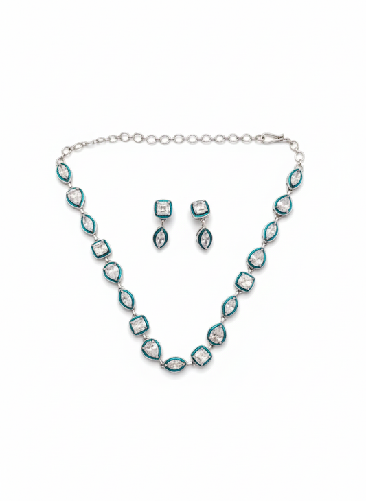 Teal gemstone Choker and earrings set with circular crystal detailing – luxury celestial jewellery by Near Earth Object