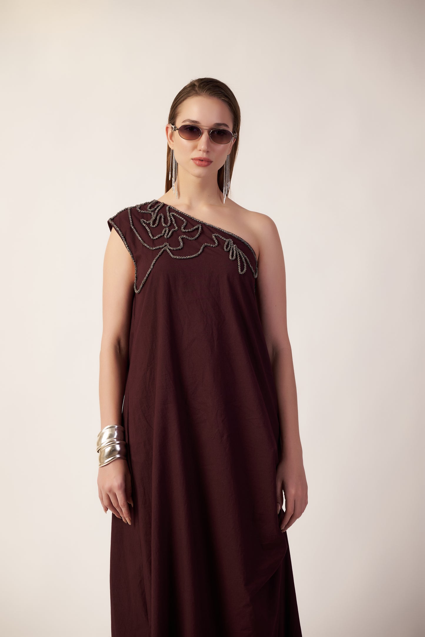 Starpath Dress : Woman wearing a Coca cola dress one-shoulder dress with embroidery - near Earth object | Women Dresses | Pret Clothes | nEo Clothes.