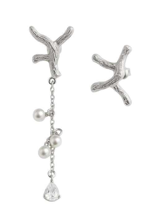 Silver branch-inspired earrings with pearl drops and crystal accents – elegant celestial jewellery by Near Earth Object.