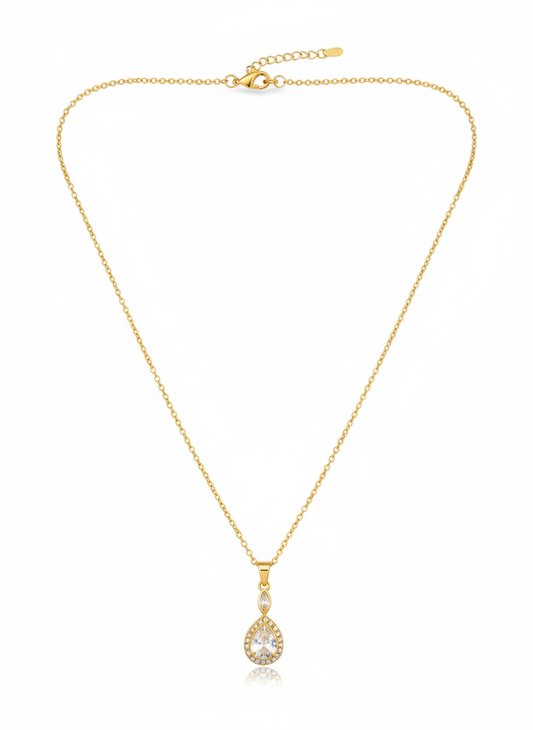 Gold necklace with teardrop crystal pendant – classic elegant jewellery by Near Earth Object.