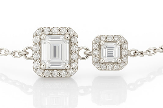 Close-up of dual crystal charm bracelet with refined silver chain – modern minimal jewellery by Near Earth Object.