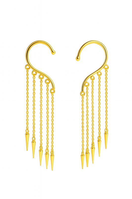 Gold cascading spear earrings with long sculptural chains – celestial statement jewellery by Near Earth Object.
