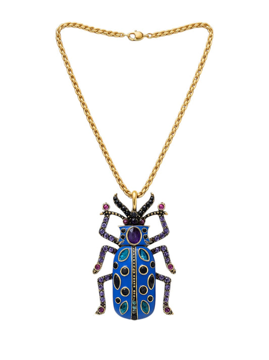 Blue sculptural beetle pendant necklace with gold chain – bold artistic jewellery by Near Earth Object.