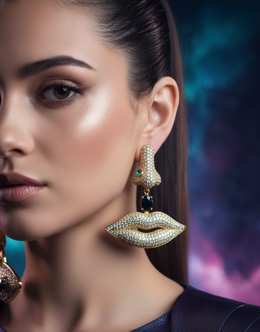 Model wearing gold surreal face earrings with sculpted lip and nose motifs – bold artistic jewellery by Near Earth Object