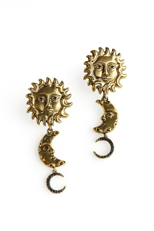 Gold sun and moon drop earrings with textured detailing and crescent charms.
