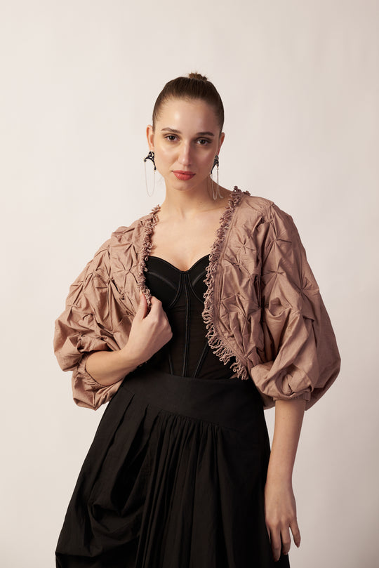 Terra Nova Shrug : Woman wearing a black dress with a beige Shrug - near Earth object | Women's Shrug | Jacket | Pret Clothes | nEo Clothes.