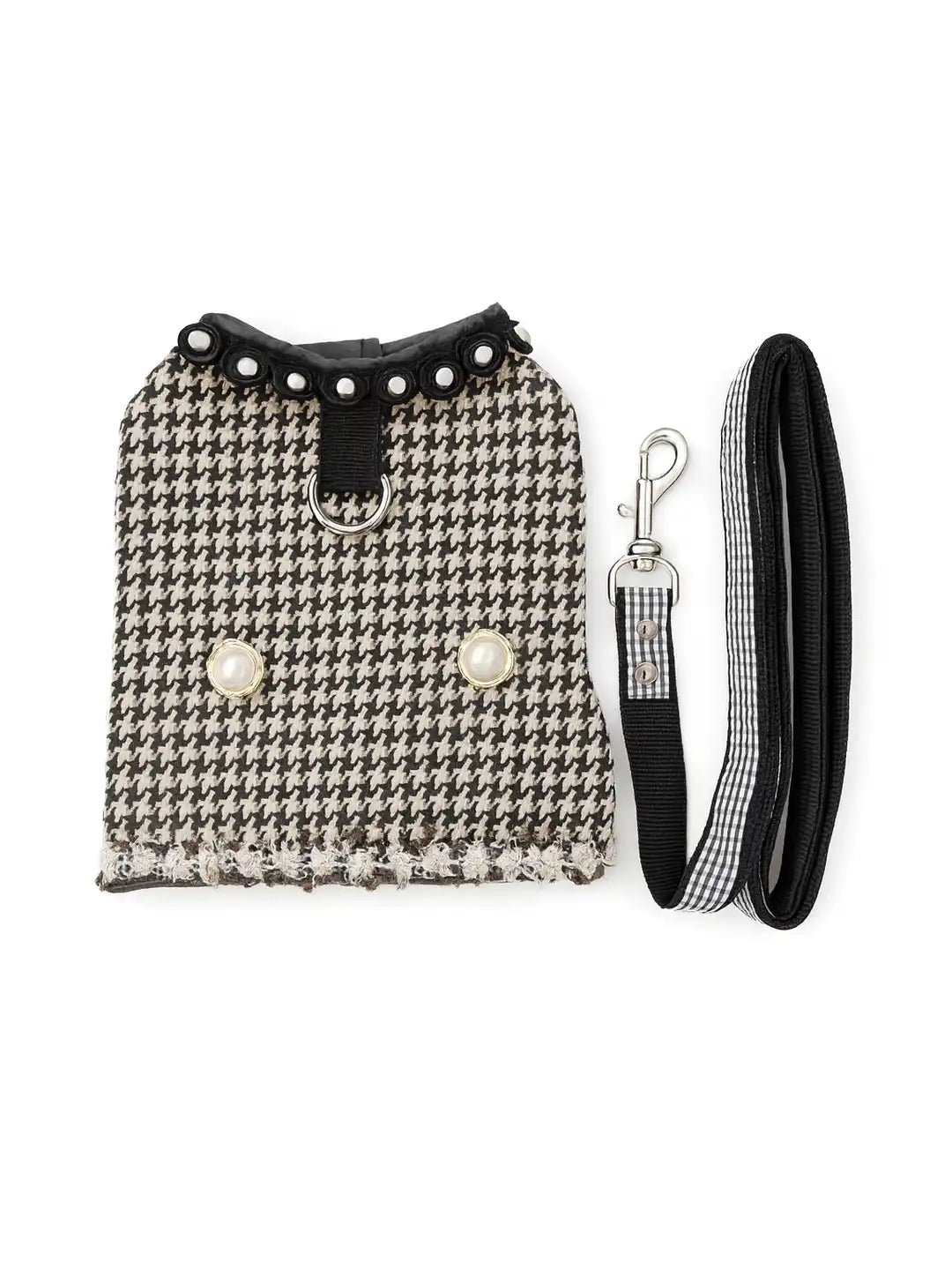 Houndstooth patterned dog coat with matching leash 
