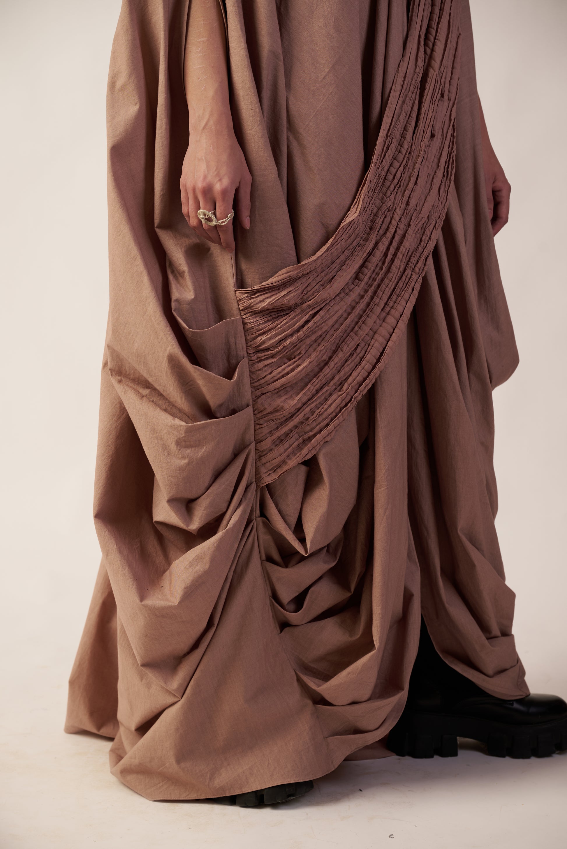 Beige draped dress with black shoes | Women Dresses | Pret Clothes | nEo Clothes.