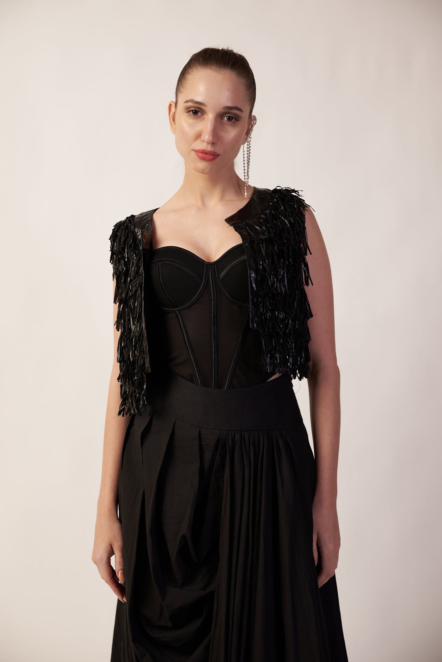 Woman wearing a black jacket with a fringed jacket| Women's Jacket | Camisole & Overlay | Pret Clothes | nEo Clothes.