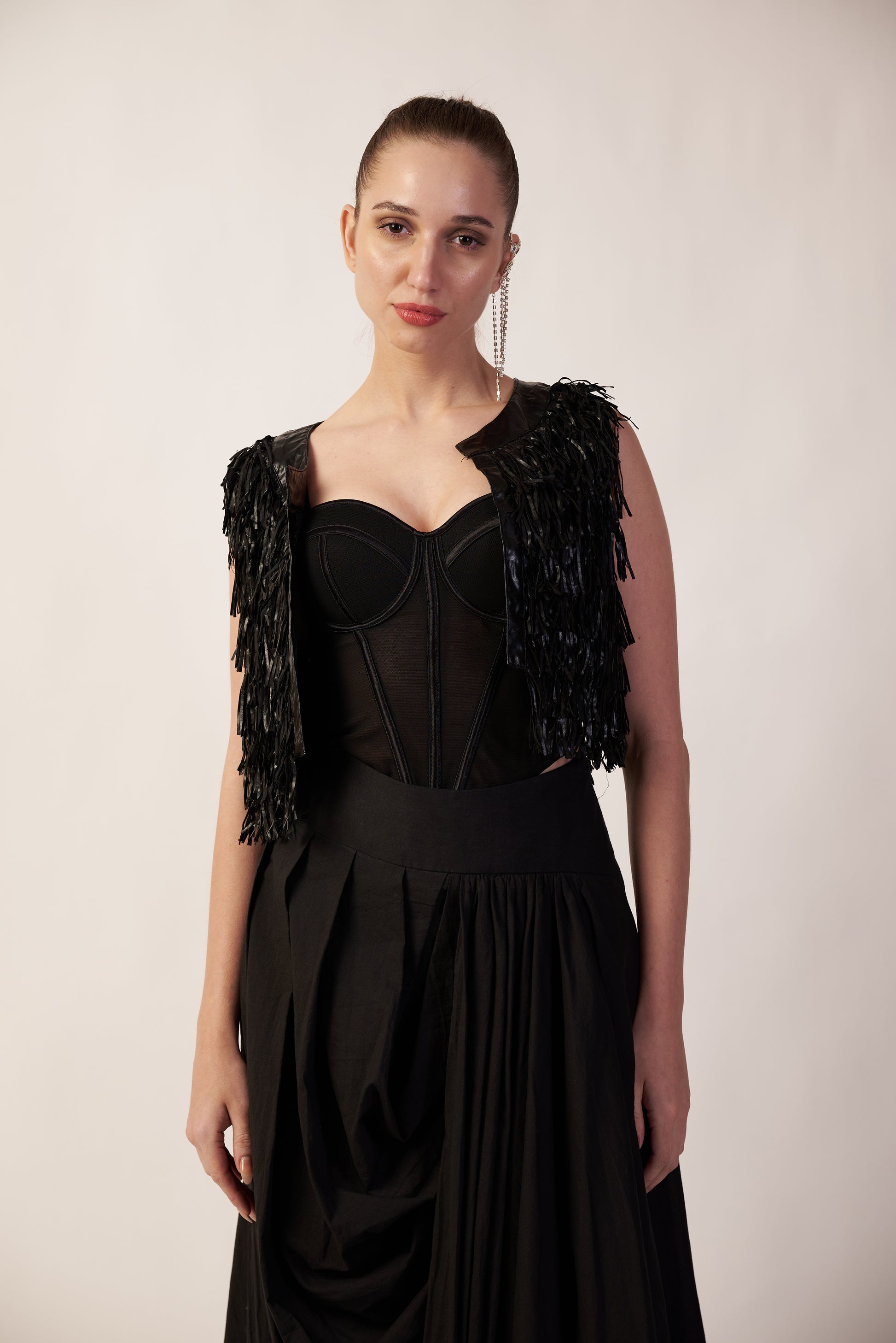 Woman wearing a black jacket with a fringed jacket| Women's Jacket | Camisole & Overlay | Pret Clothes | nEo Clothes.