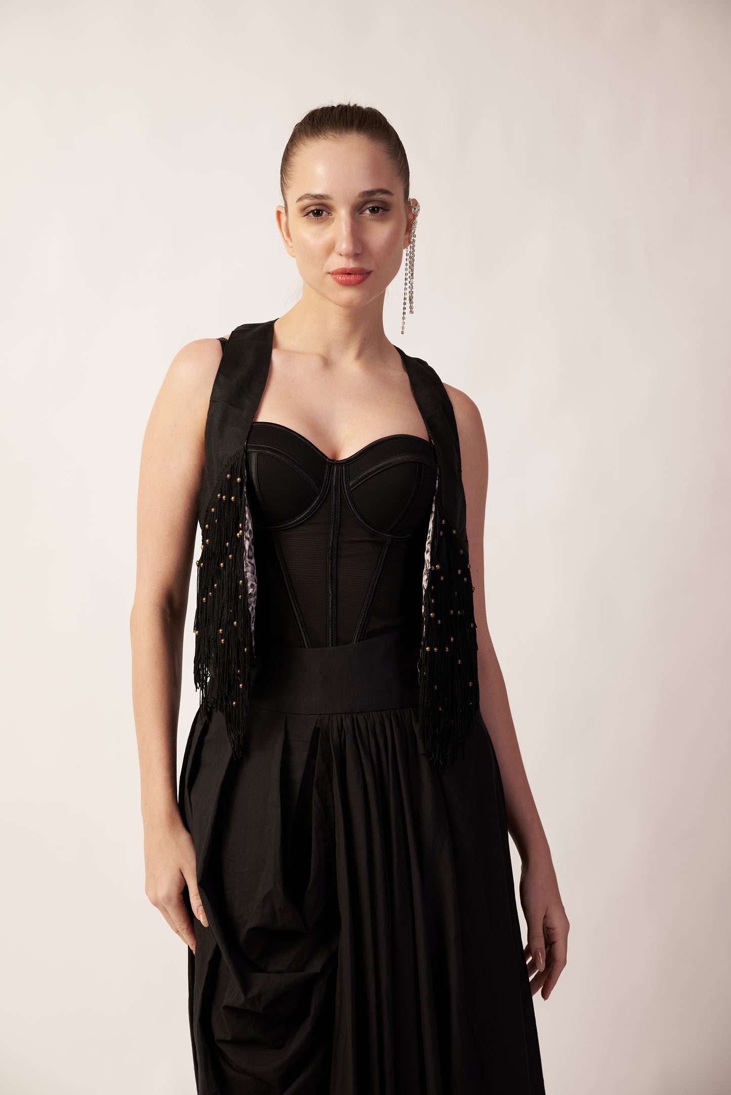 Woman wearing a black dress with a beaded vest  | Women's Overlay & Camisole | Jacket | Pret Clothes | nEo Clothes.