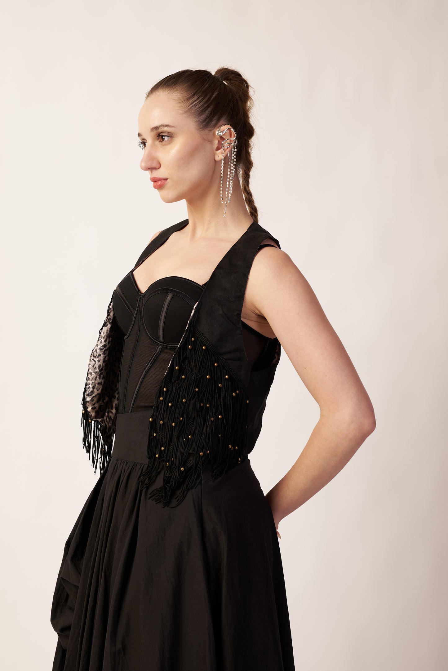 Woman wearing a black dress with embellishments  | Women's Overlay & Camisole | Jacket | Pret Clothes | nEo Clothes.