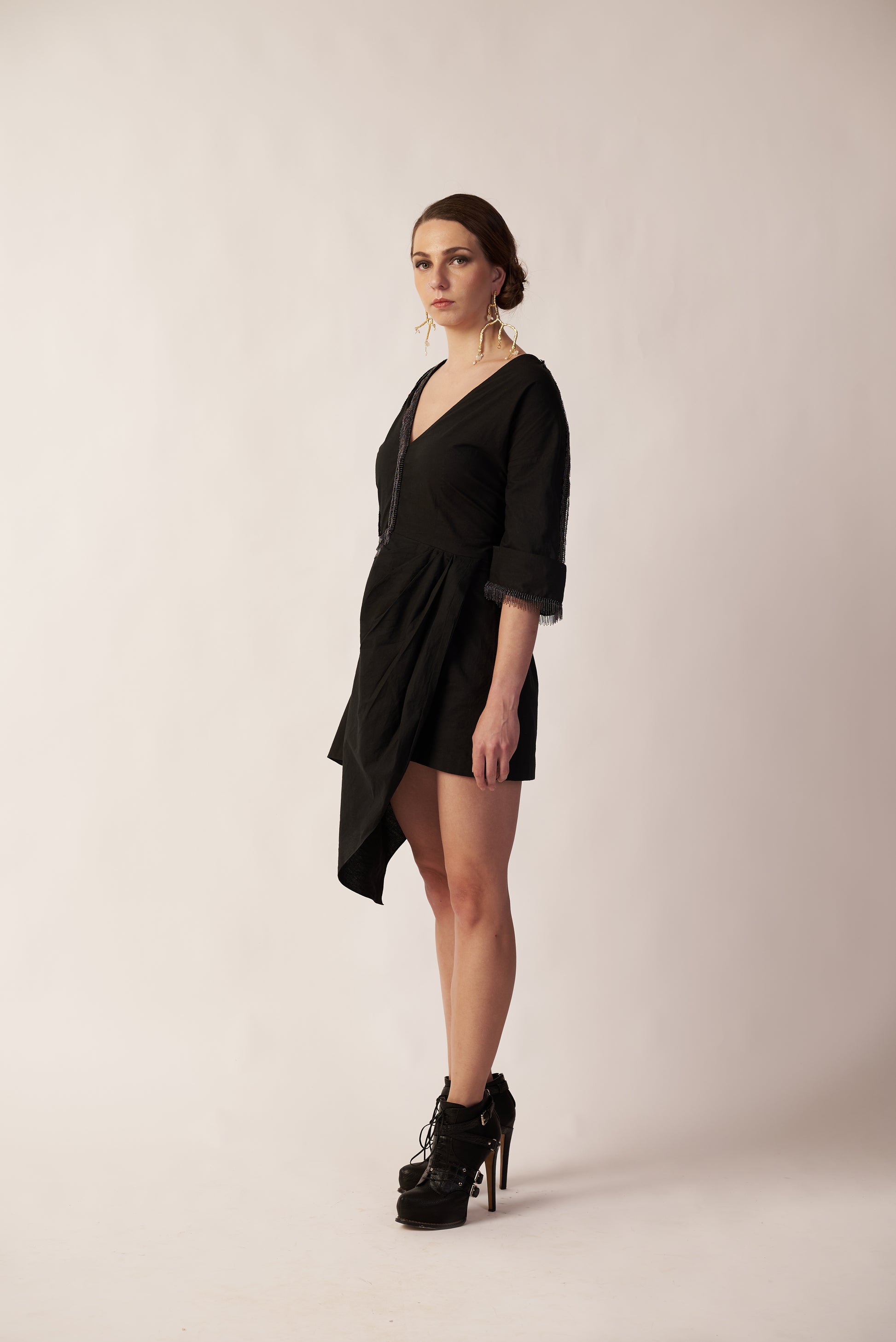 Black Astrea Dress with Gold Radiant Trail Earrings - Pret Clothes & Statement Jewellery by nEo Near Earth Object