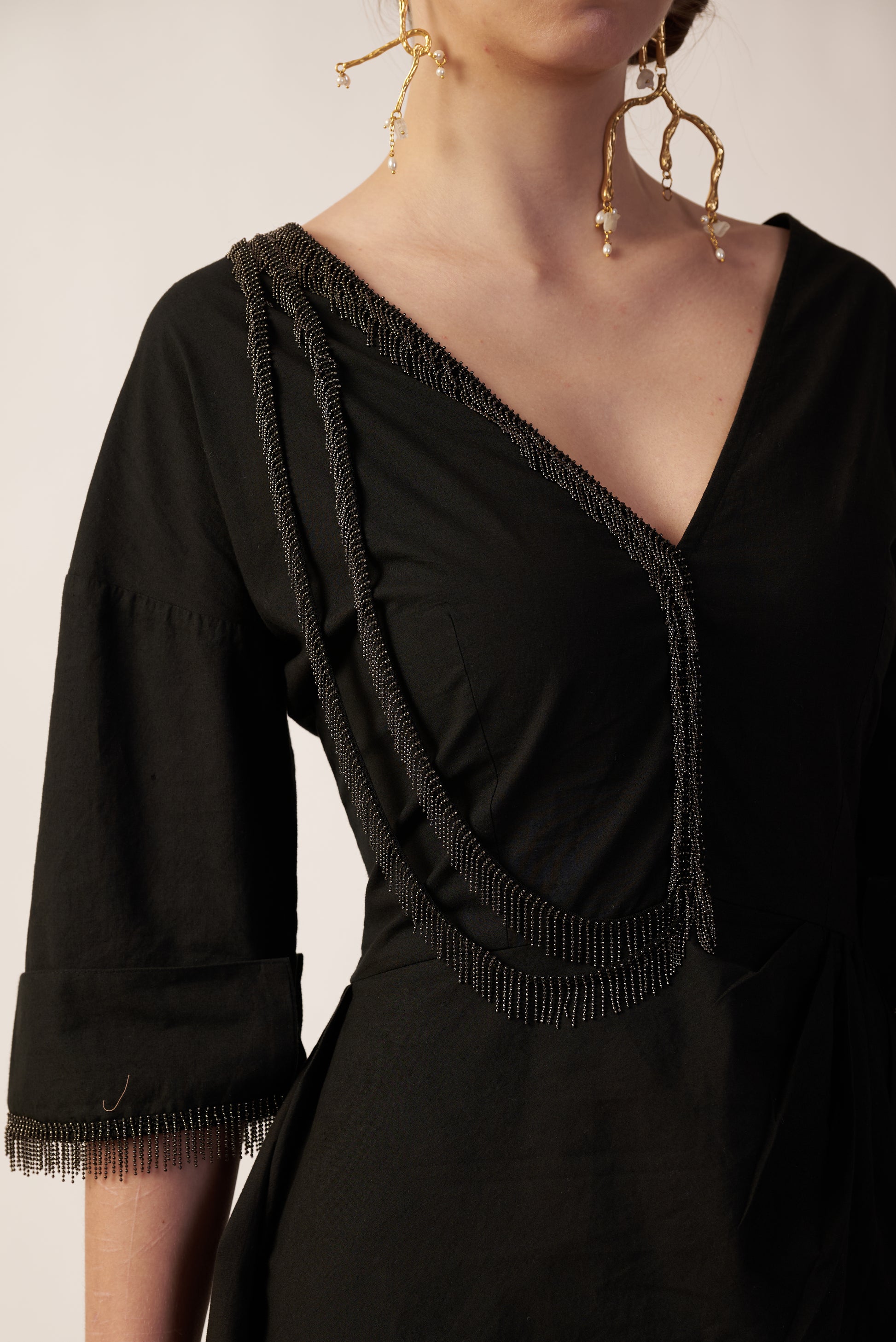 Black Astrea Dress with Gold Radiant Trail Earrings - Pret Clothes & Statement Jewellery by nEo Near Earth Object