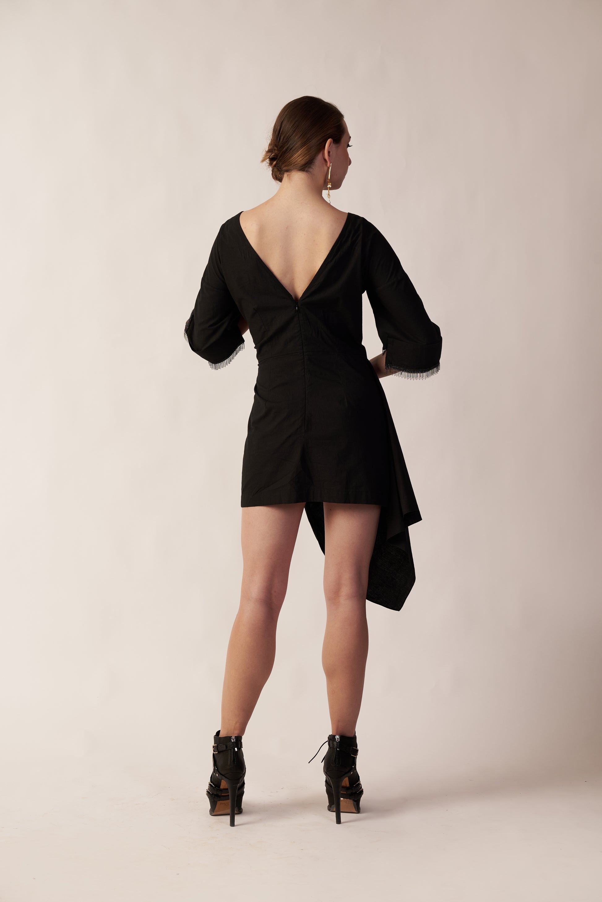 Black Astrea Dress with Gold Radiant Trail Earrings - Pret Clothes & Statement Jewellery by nEo Near Earth Object